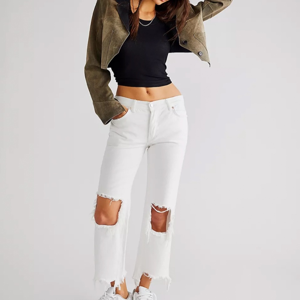 NWT FREE PEOPLE Maggie Mid-Rise Straight-Leg Jeans White Distressed Size 31